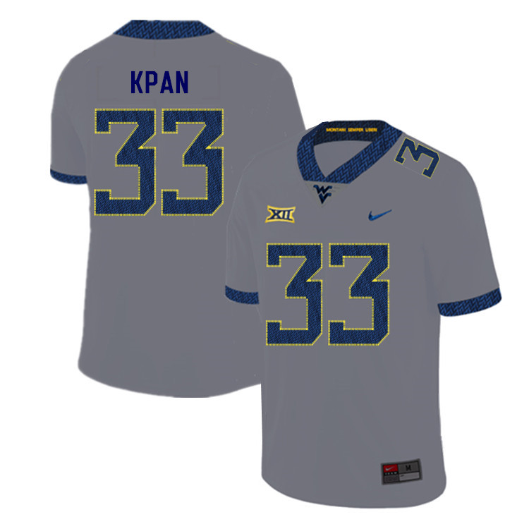 2019 Men #33 T.J. Kpan West Virginia Mountaineers College Football Jerseys Sale-Gray